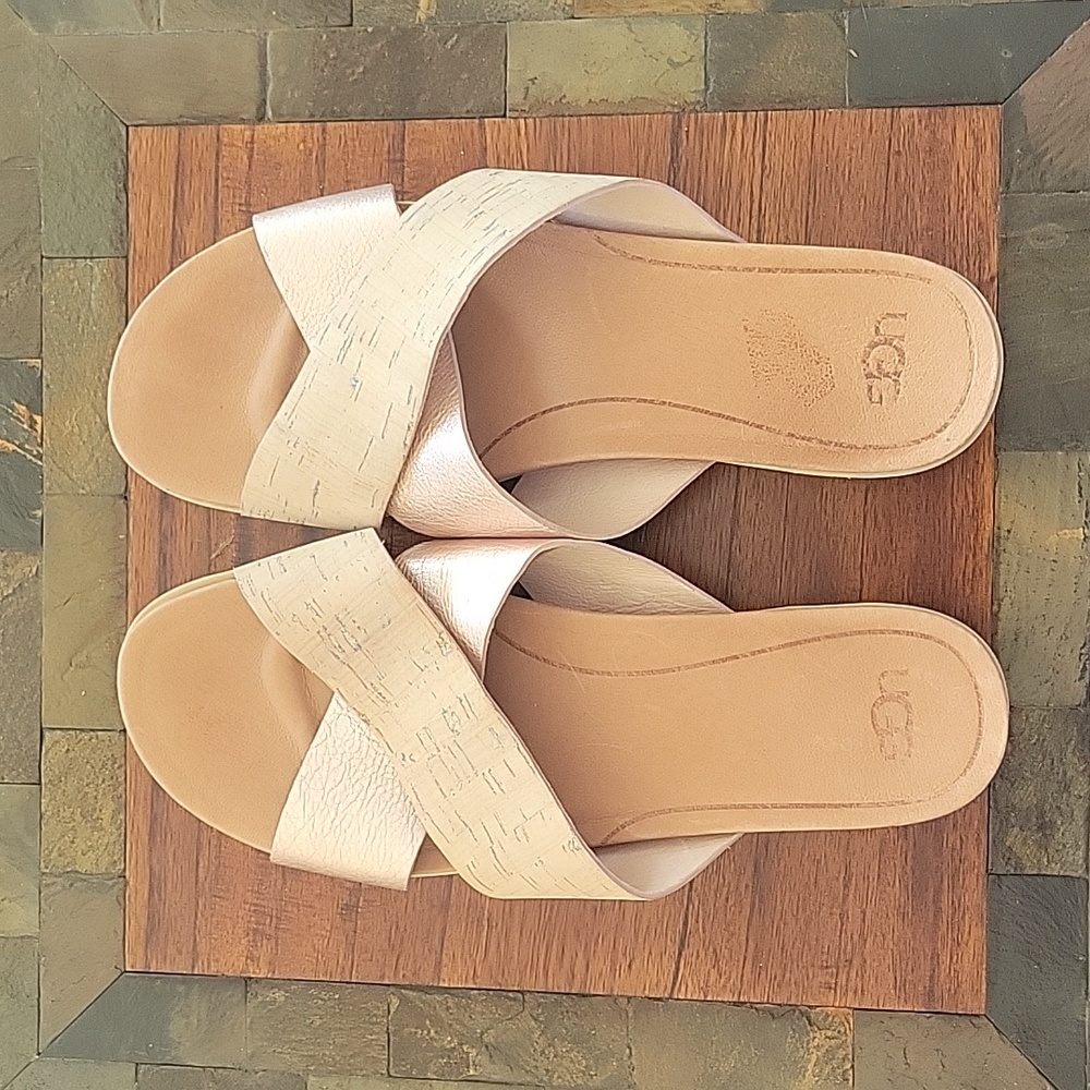 UGG Kari Treadlite Women's Rose‎ Gold Metallic Cork Leather Slide Sandals